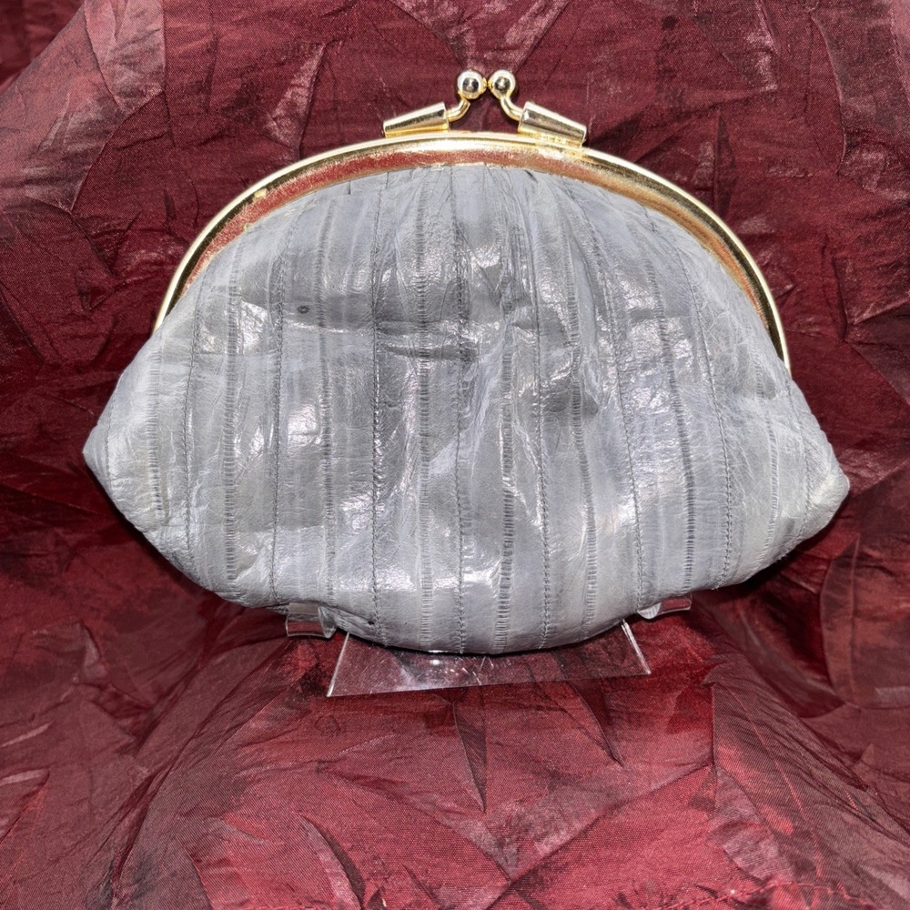Vintage‎ 80s 90s Eel Skin Leather Double Kiss Lock Gray Coin Purse Clutch Bag